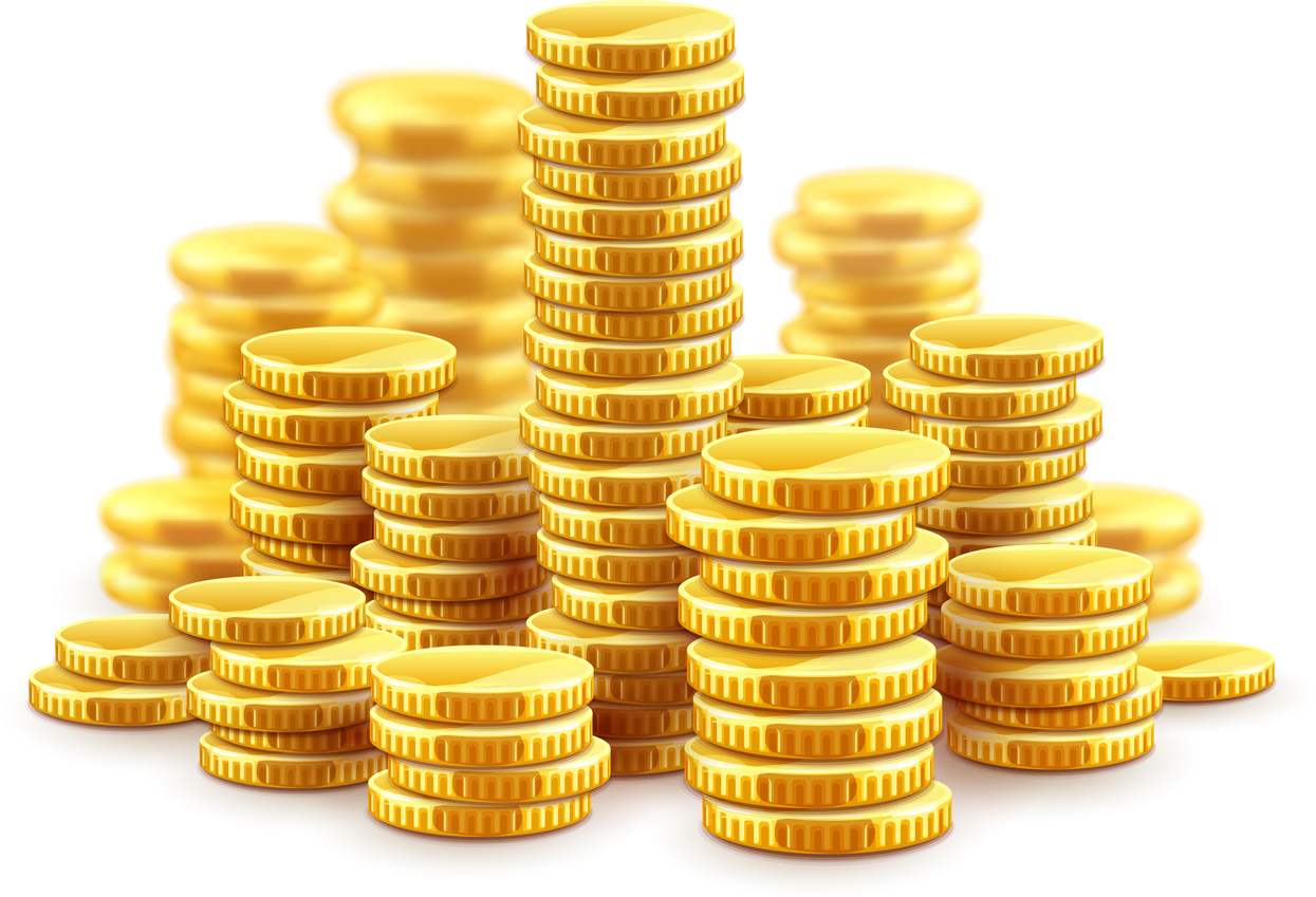 Gold coins cash money in piles PNG